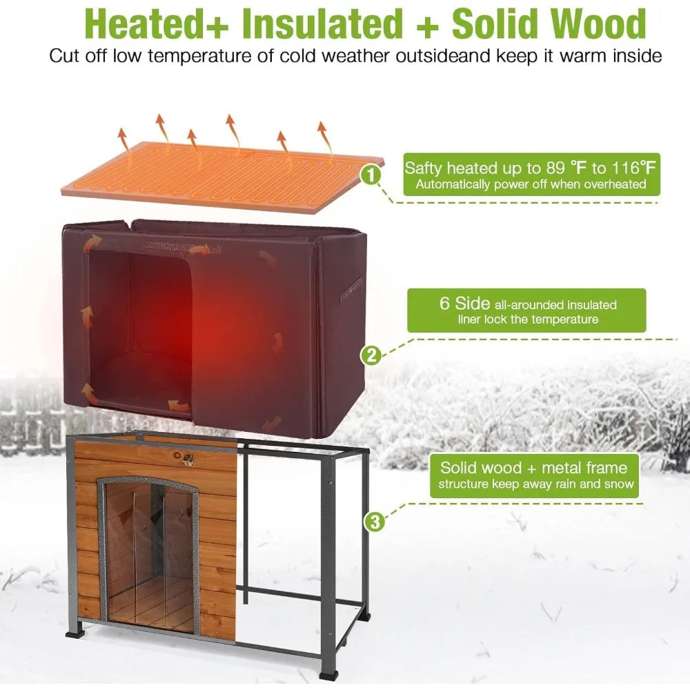 Insulated Outdoor Dog House With Heater Metal Frame Chew-Resistant Cord