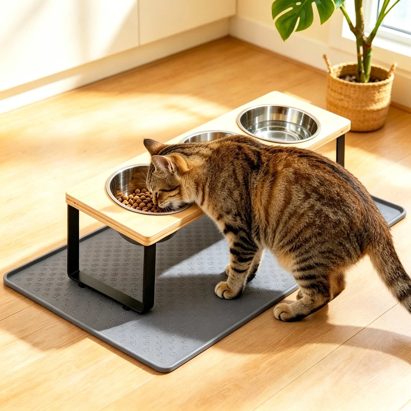 Elevated Cat Feeder 15 Degree Tilt Bamboo Iron Stand Stainless Steel Bowls