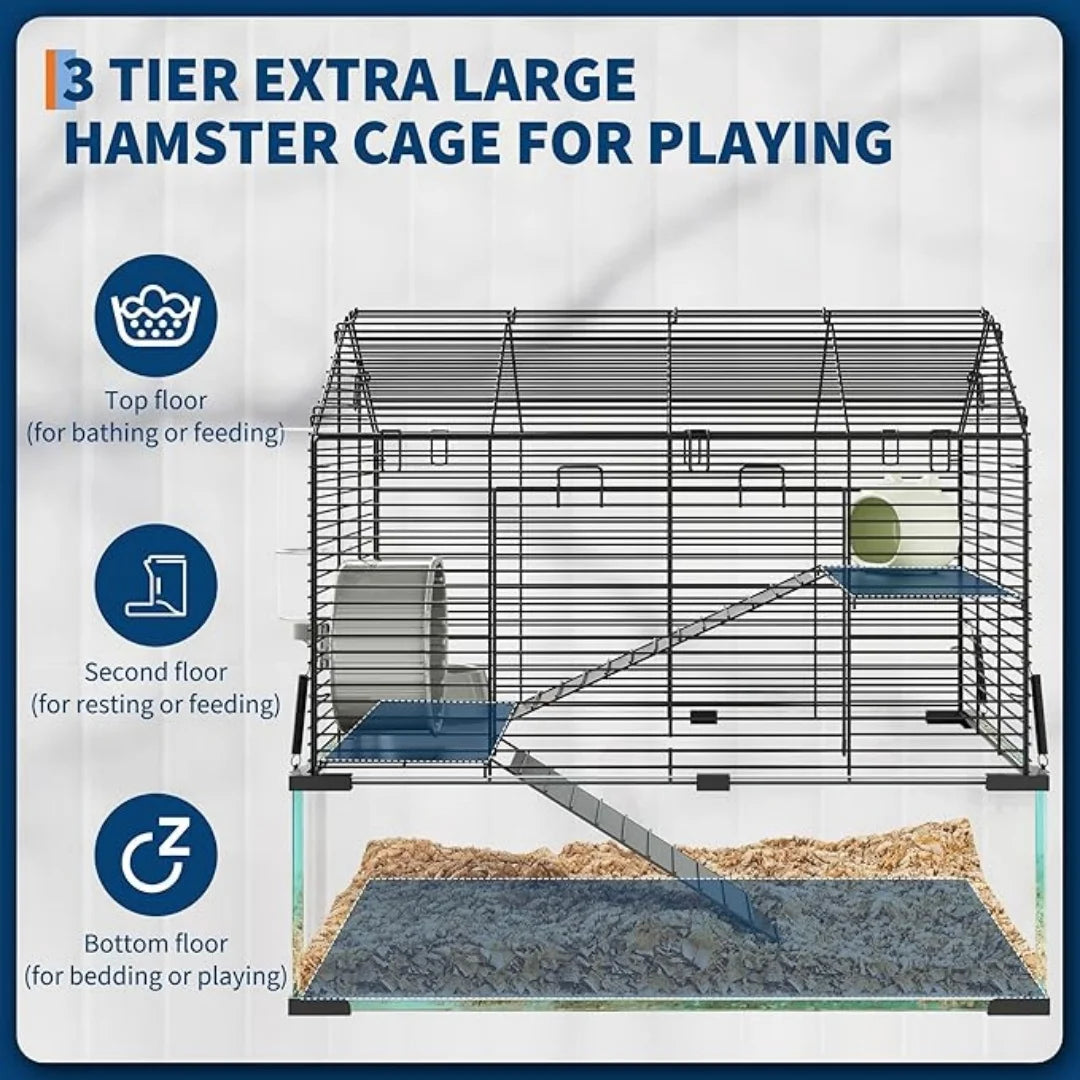 HiMISS 3 Tier Hamster Enclosure Metal And Glass Cage For Small Animals