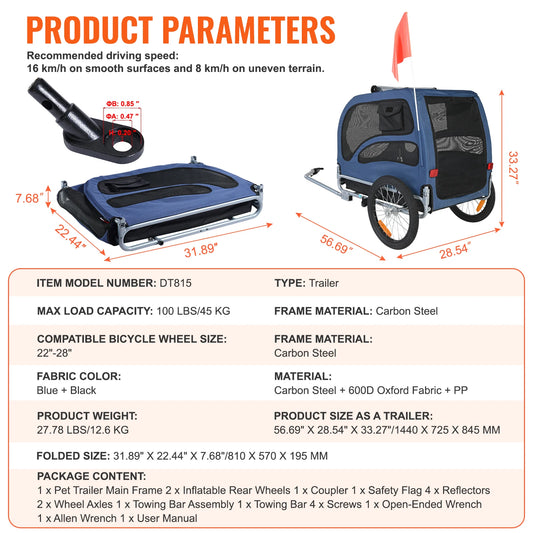 Pet Bicycle Trailer For Dogs With Reflectors And Coupler