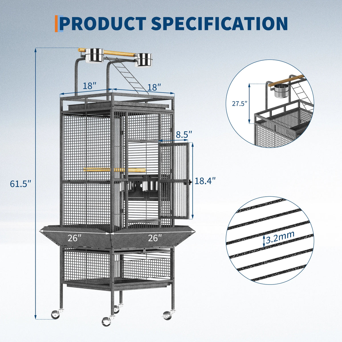 Wrought Iron Bird Cage With Rolling Stand Perch And Feeder