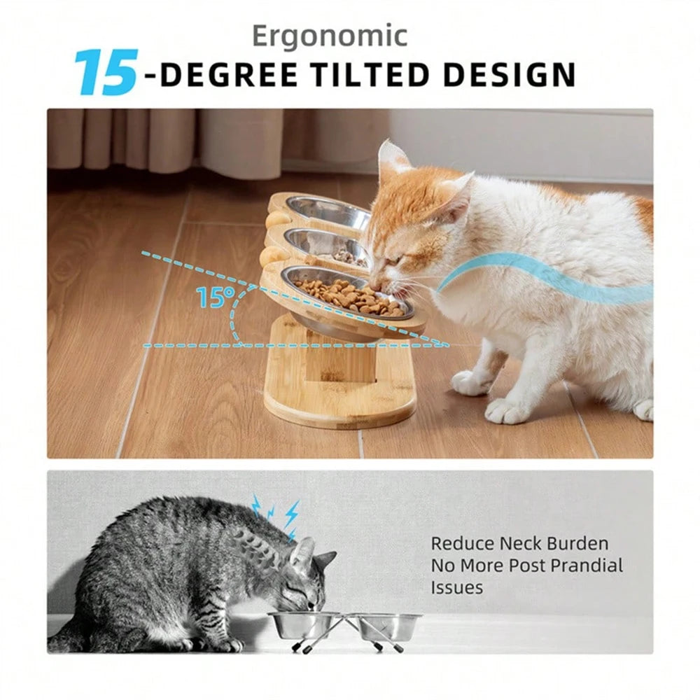 PETRAVEL Cat Feeder 3-In-1 Tilted Raised Stainless Bowls Wood Brackets