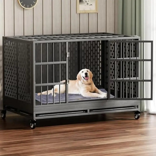 Heavy-Duty Folding Dog Crate With Wheels For Large Dogs