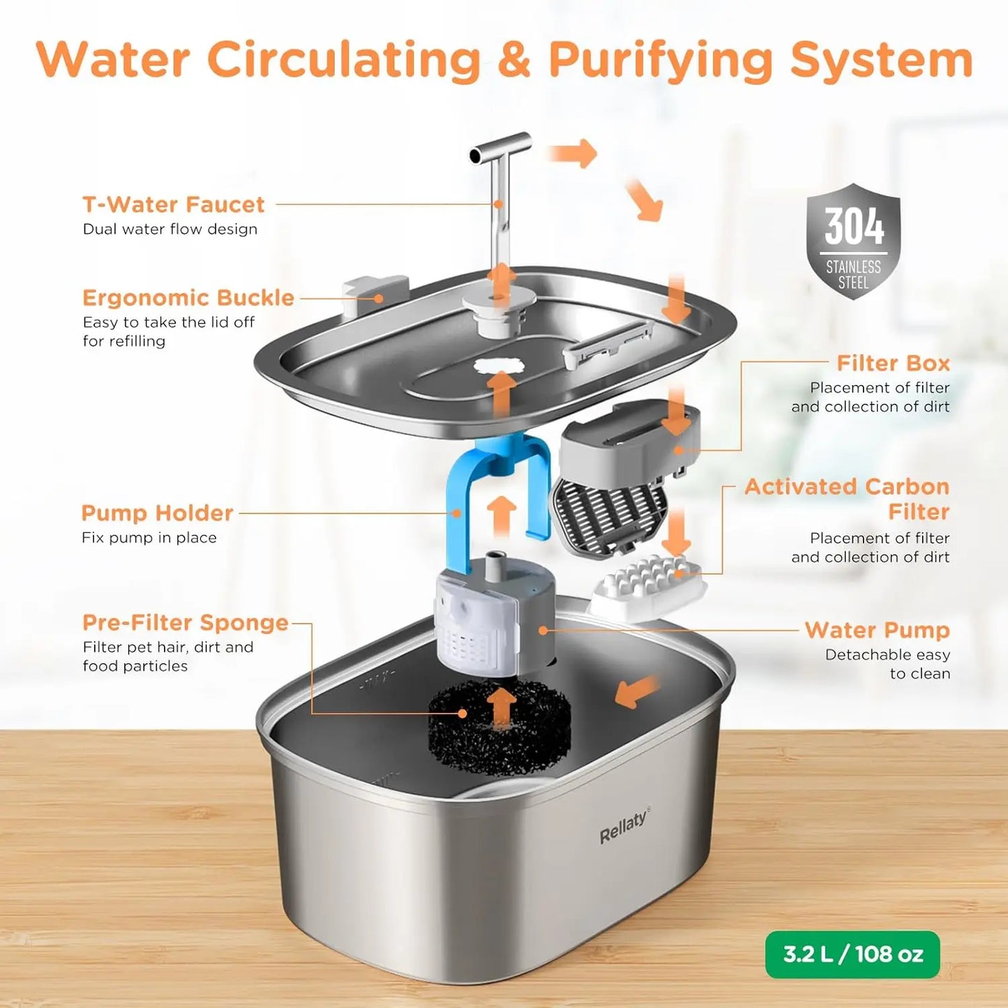 Stainless Steel Water Fountain with Filter for Cats and Dogs