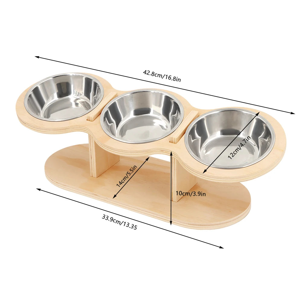 PETRAVEL Cat Feeder 3-In-1 Tilted Raised Stainless Bowls Wood Brackets