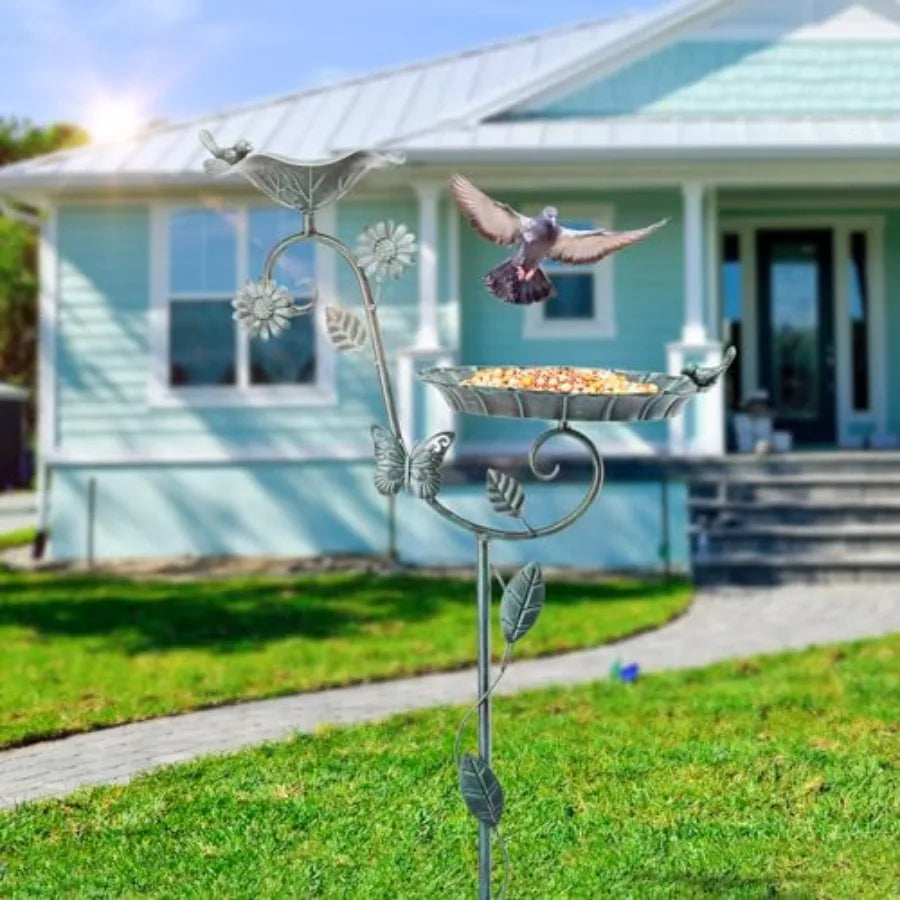 Outdoor Bird Bath And Feeder With Metal Stake