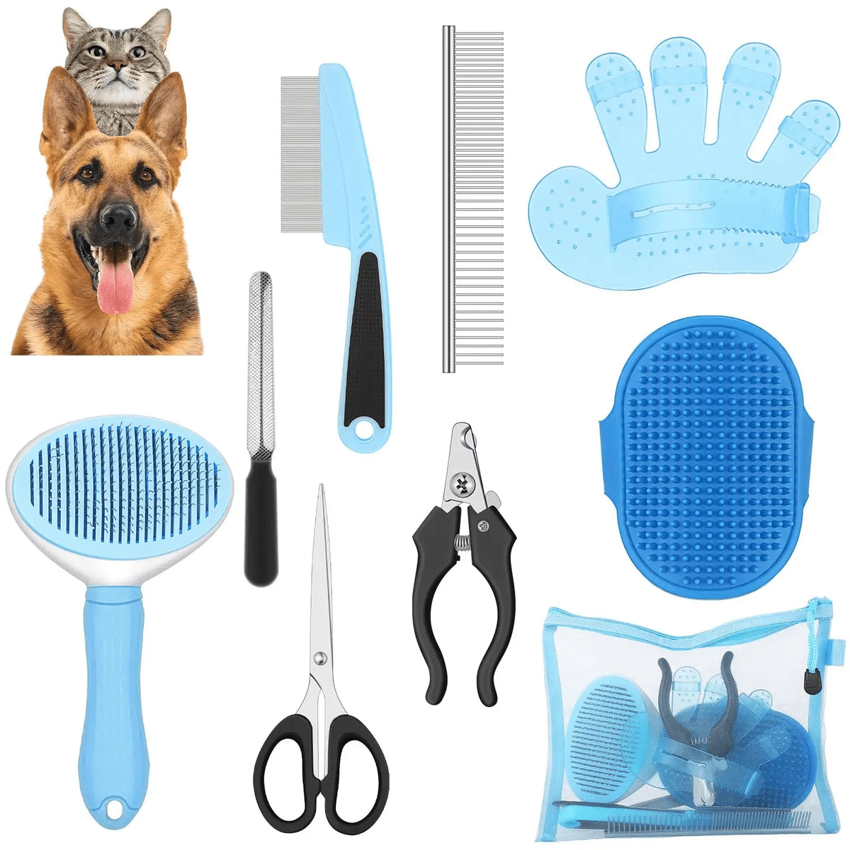 Dog Grooming Kit with Self Cleaning Brush, Rake, Nail Clippers