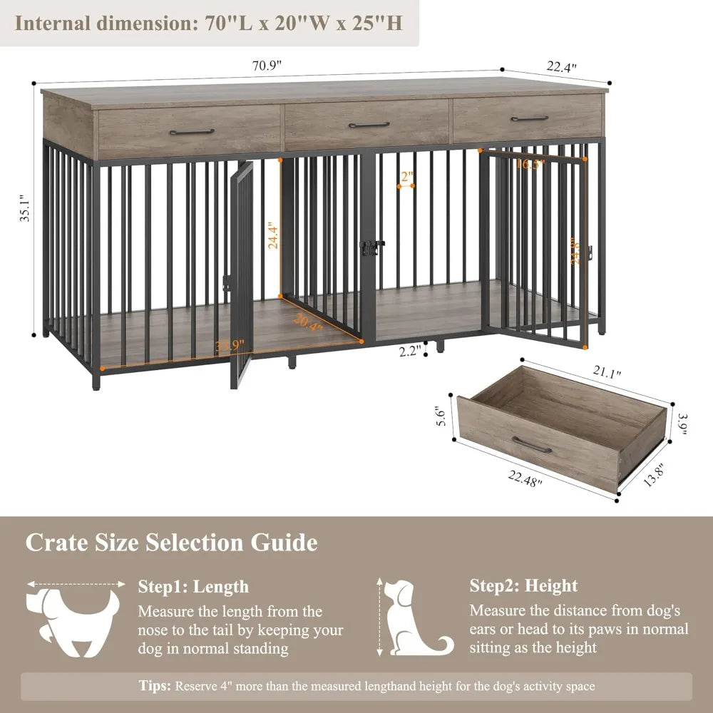 Heavy Duty Wooden Double Dog Crate With Drawers For Pets
