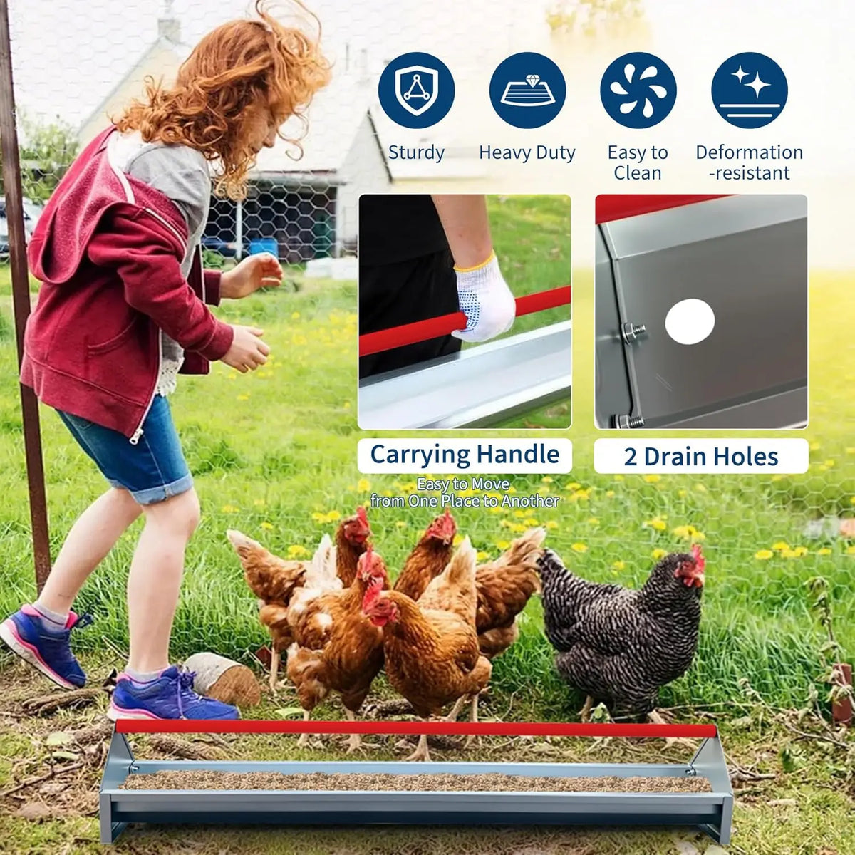 HiMISS Galvanized Steel Chicken Feeder Trough With Drainage