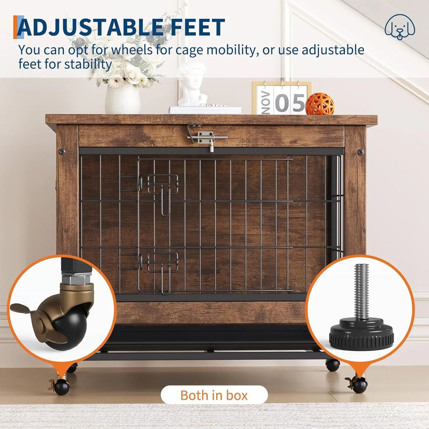 TWISTER.CK Dog Crate Furniture Indoor Wooden Kennel With Wheels