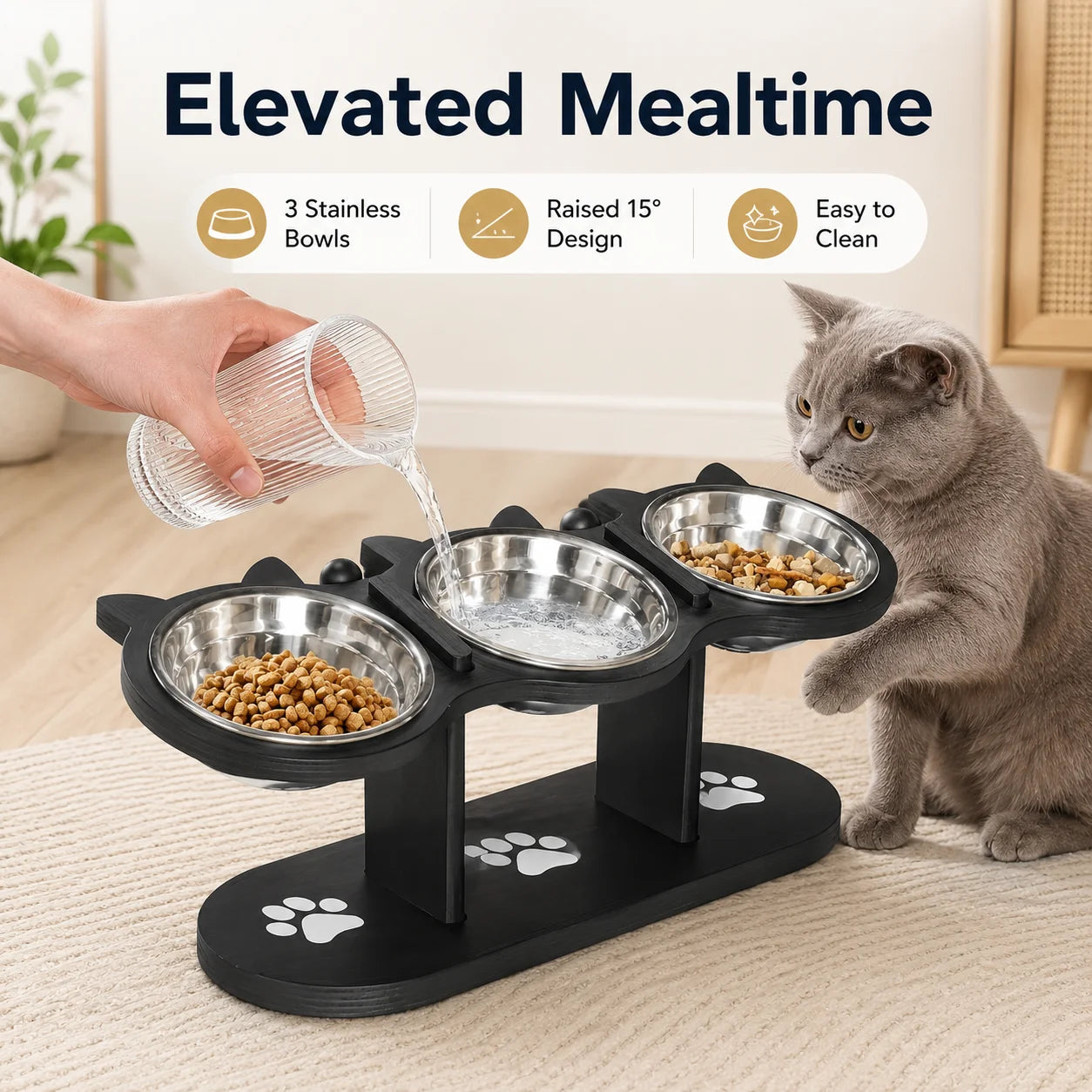 Tilted Elevated Cat Bowl Stand With Three Stainless Bowls