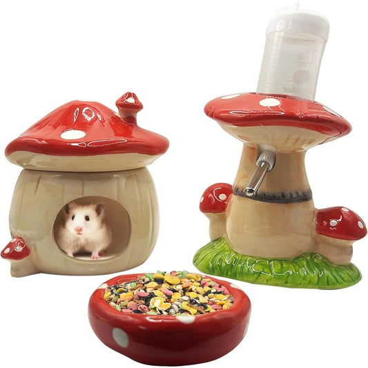 Ceramic Hamster Hideout With Water Bottle Stand And Food Bowl