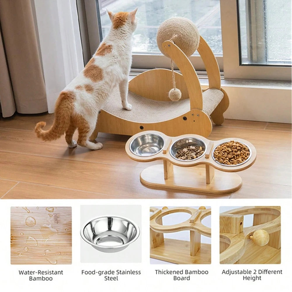 PETRAVEL Cat Feeder 3-In-1 Tilted Raised Stainless Bowls Wood Brackets