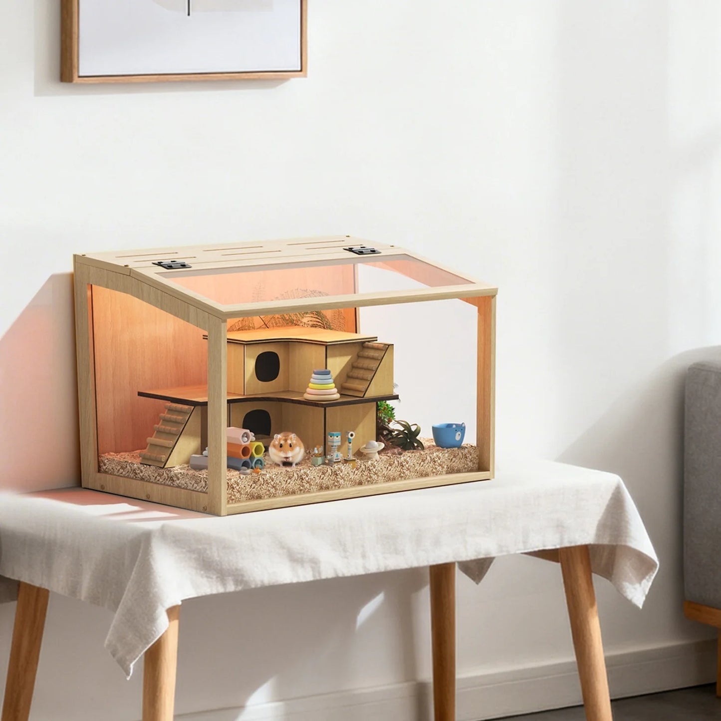 Natural Wooden Hamster Cage With Built In LED Light Habitat