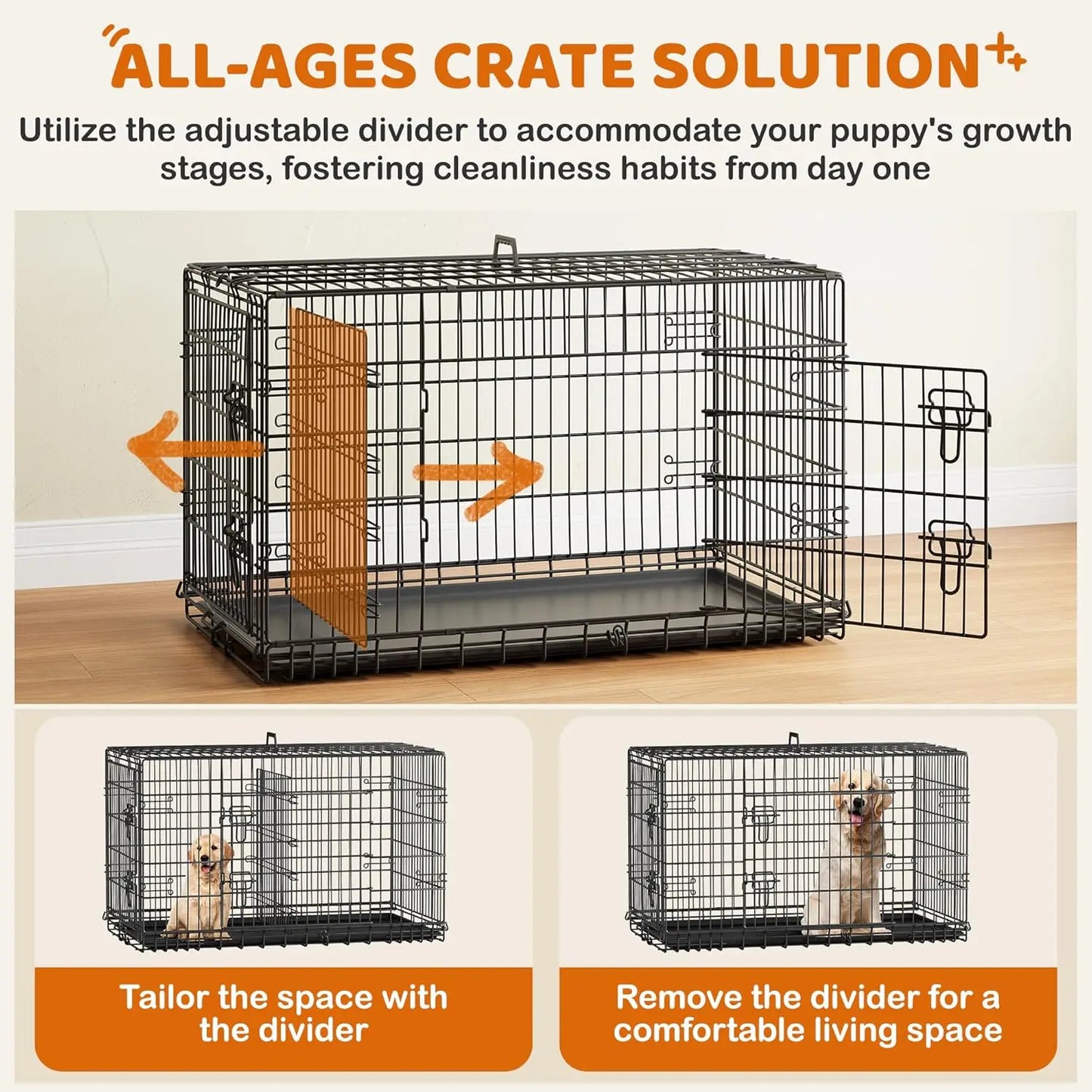 Double Door Collapsible Metal Dog Crate With Divider For Large Dogs