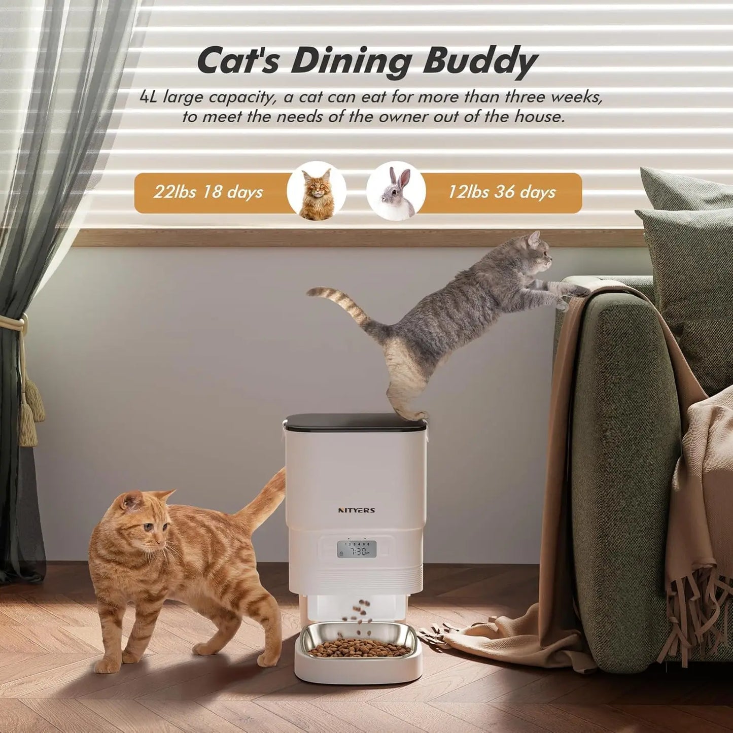 Nityers Automatic Cat Feeder With Timer Stainless Steel Bowl