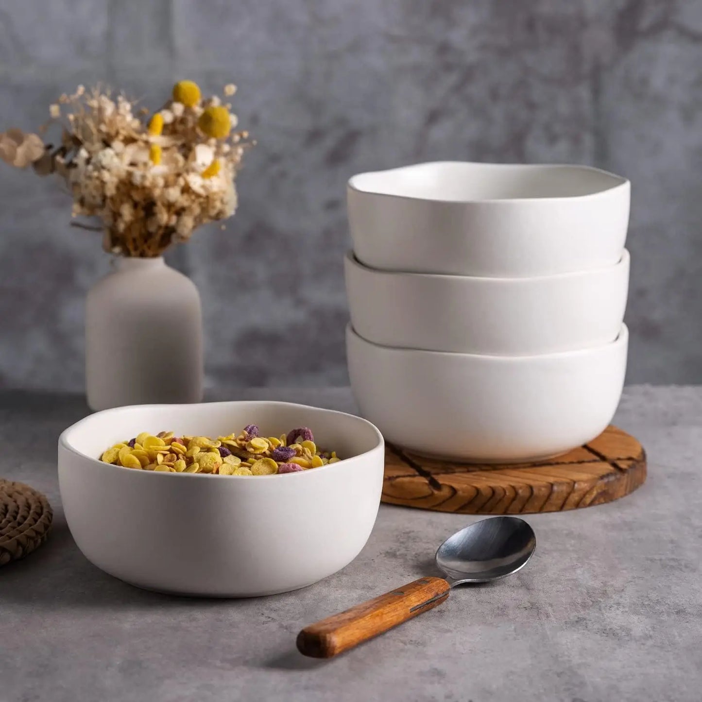 Ceramic Soup Bowls Set of 6 Chip-Resistant With Wavy Rim and Reactive Glaze