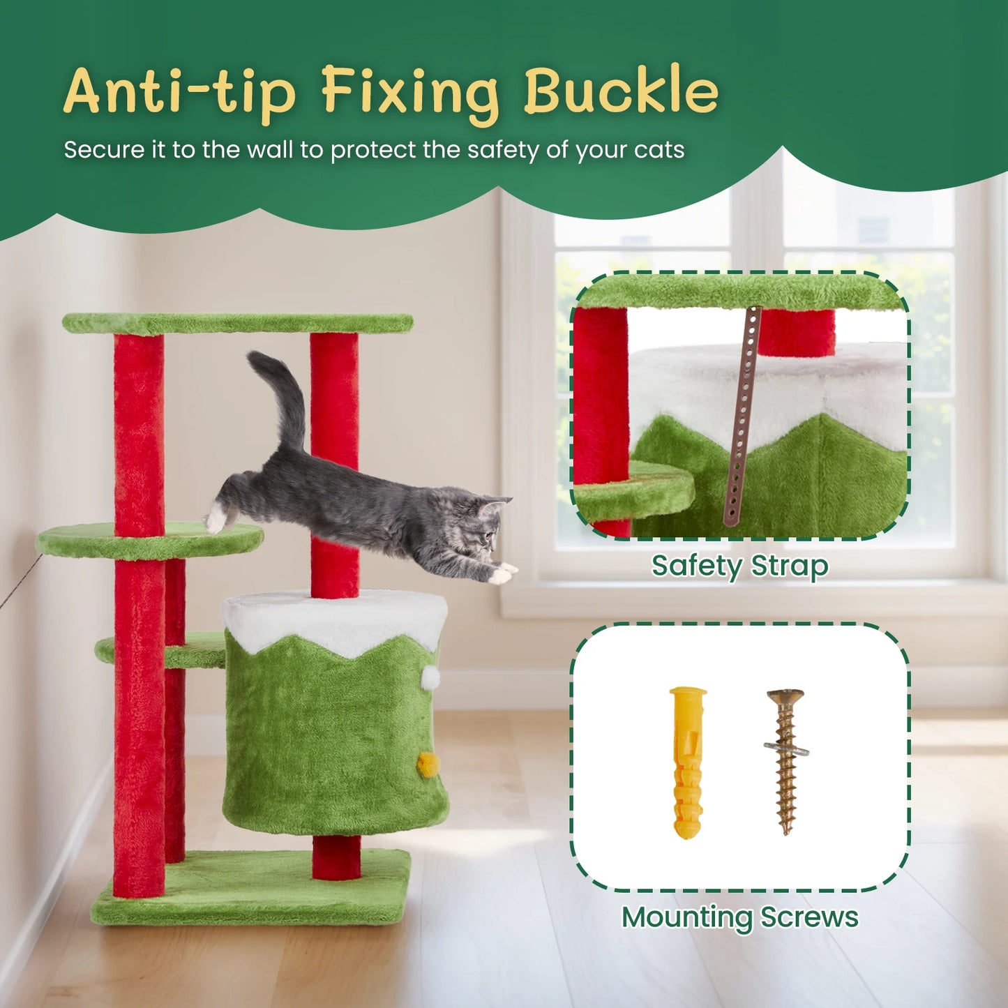 NONECN Christmas Cat Tower With Condo Plush 3 Level Cat Tree