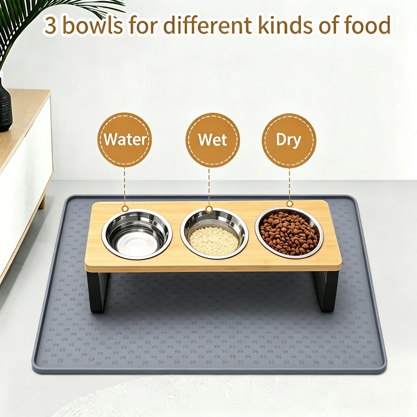 Elevated Cat Feeder 15 Degree Tilt Bamboo Iron Stand Stainless Steel Bowls