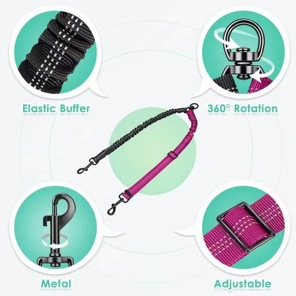 Dual Dog Leash Attachment With Adjustable Shock Absorbing Bungee