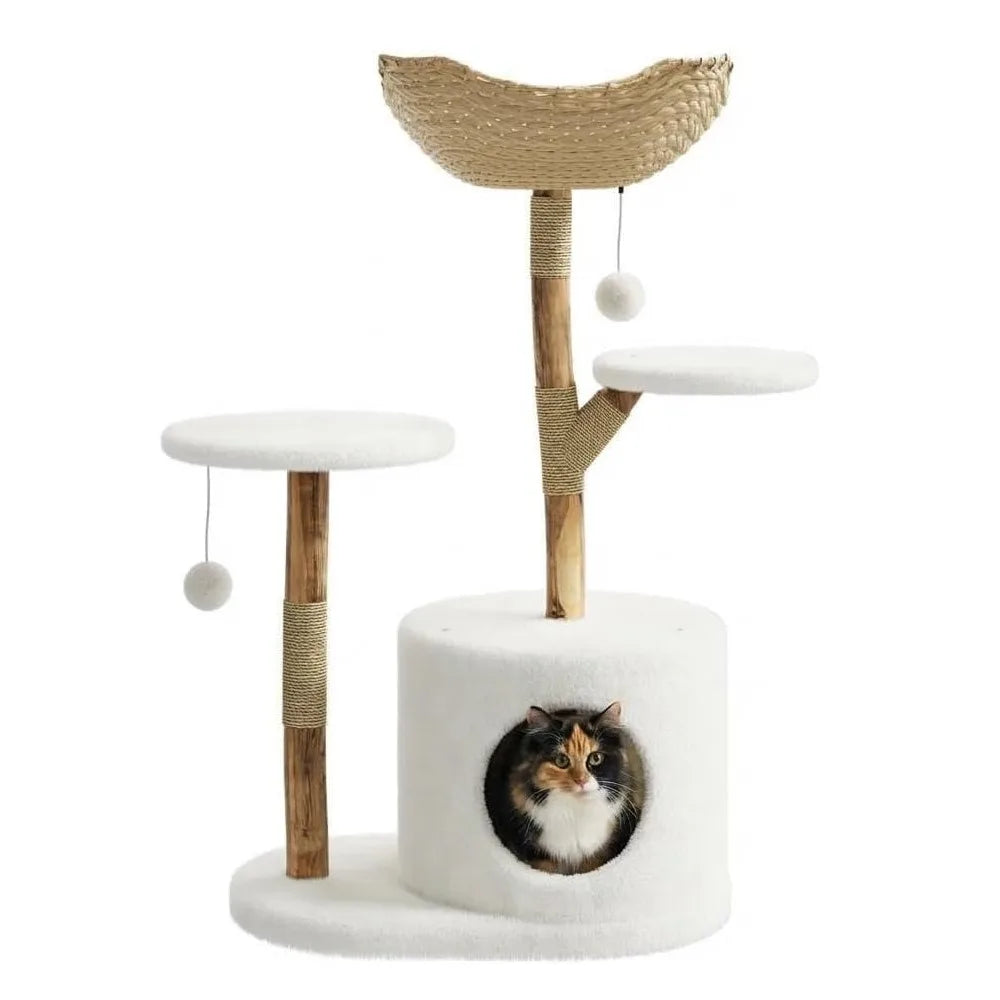 Wooden Cat Tree Tower with Rattan Multi Level Climbing Perches