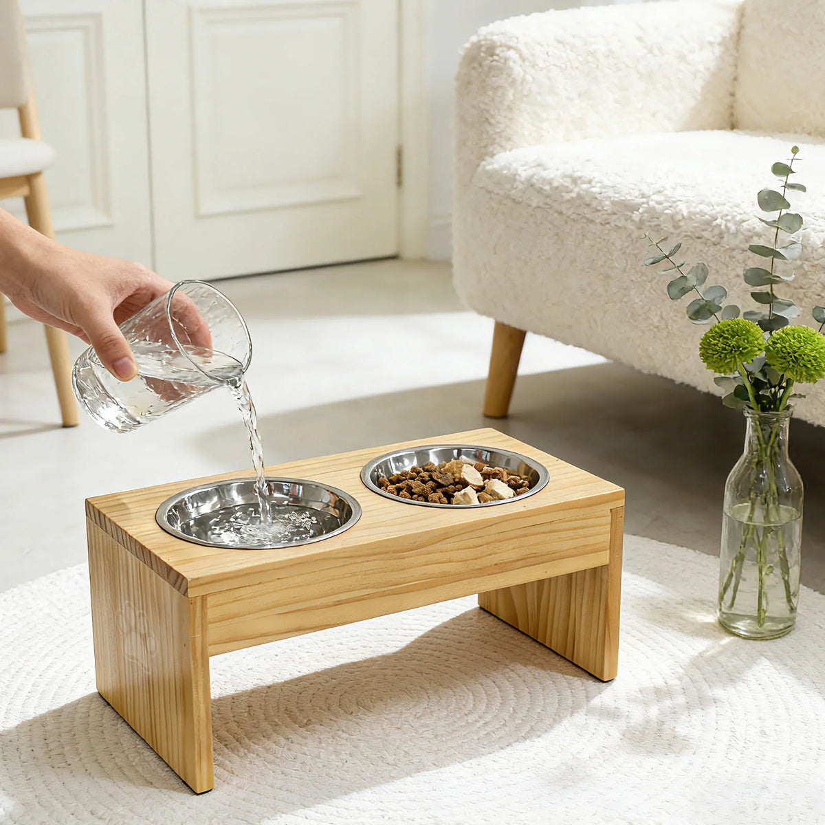 Wooden Elevated Dog Bowls With Stainless Steel Double Pet Feeder