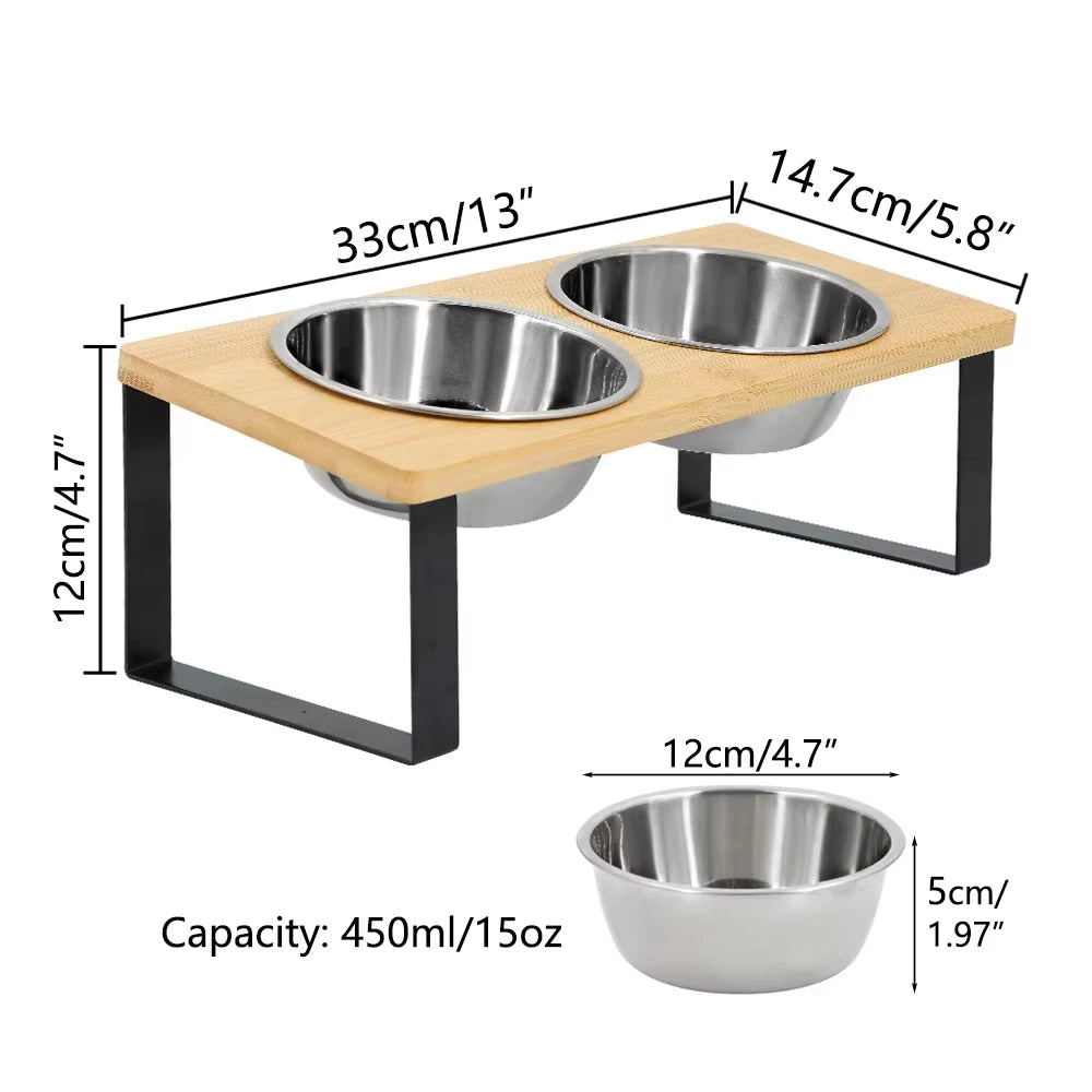 Elevated Cat Bowls With Wooden Stand Stainless Steel Feeding Set