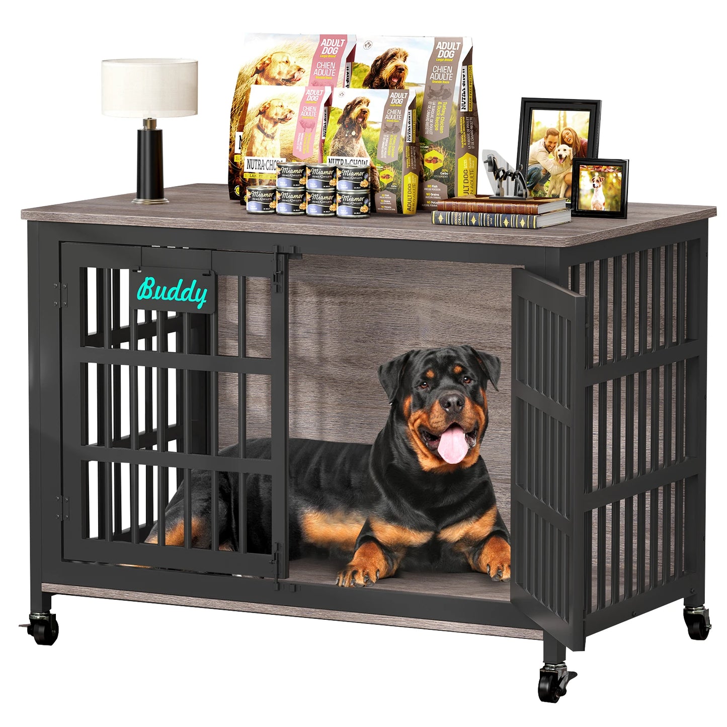Dog Crate Furniture With Casters For Large And Medium Dogs