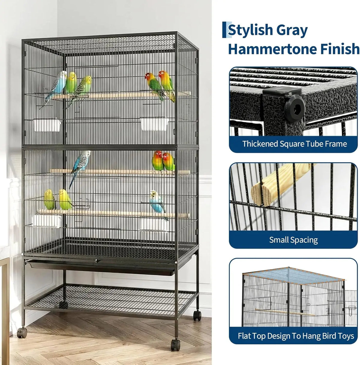 HiMISS Bird Cage With Rolling Base And Feed Bowls