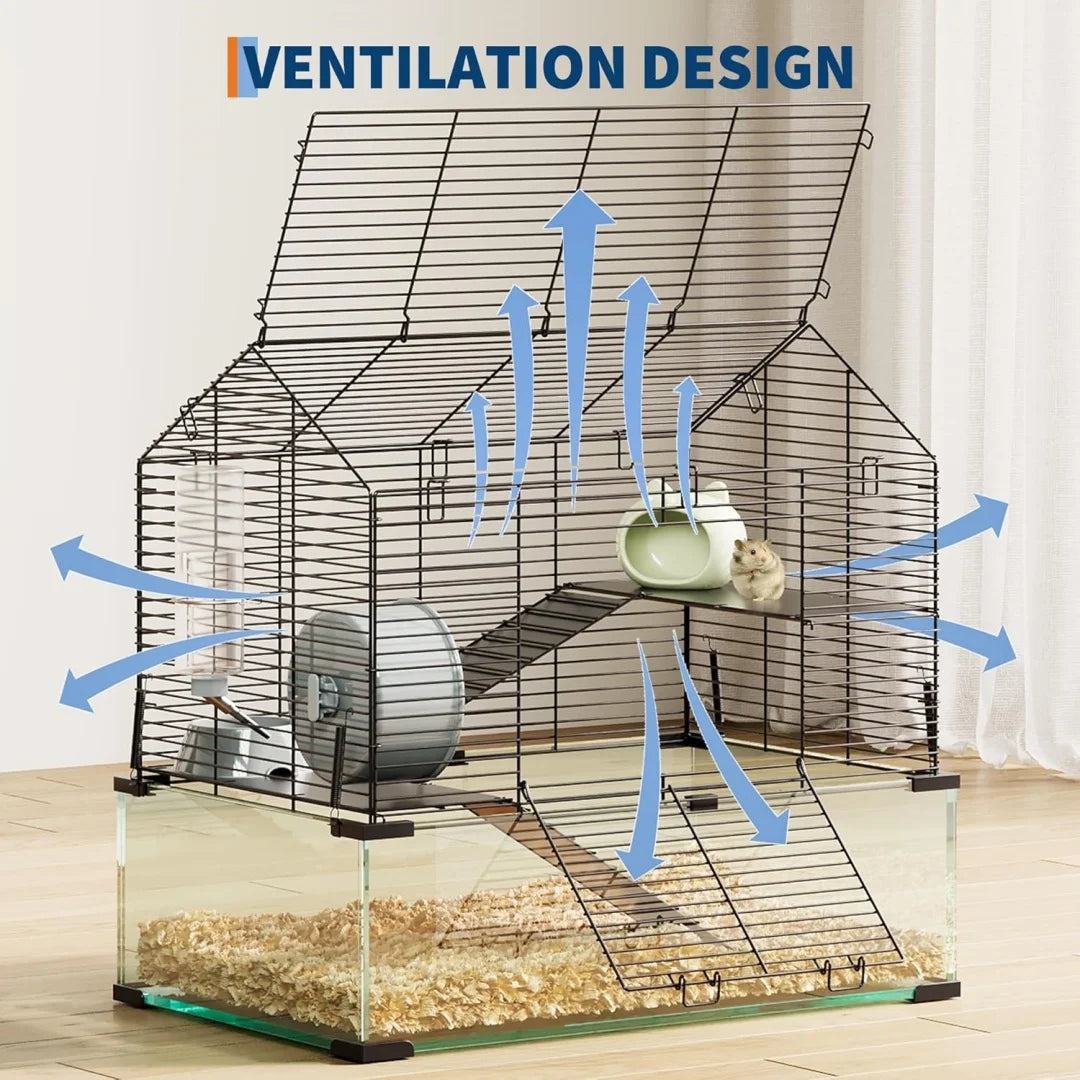 HiMISS 3 Tier Hamster Enclosure Metal And Glass Cage For Small Animals