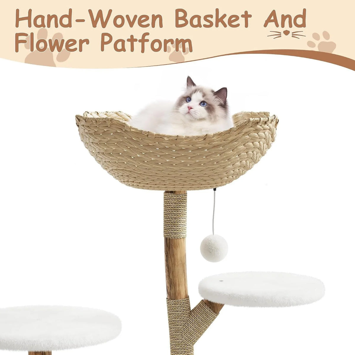 Multilevel Wooden Cat Tree With Rattan And Sturdy Activity Perches