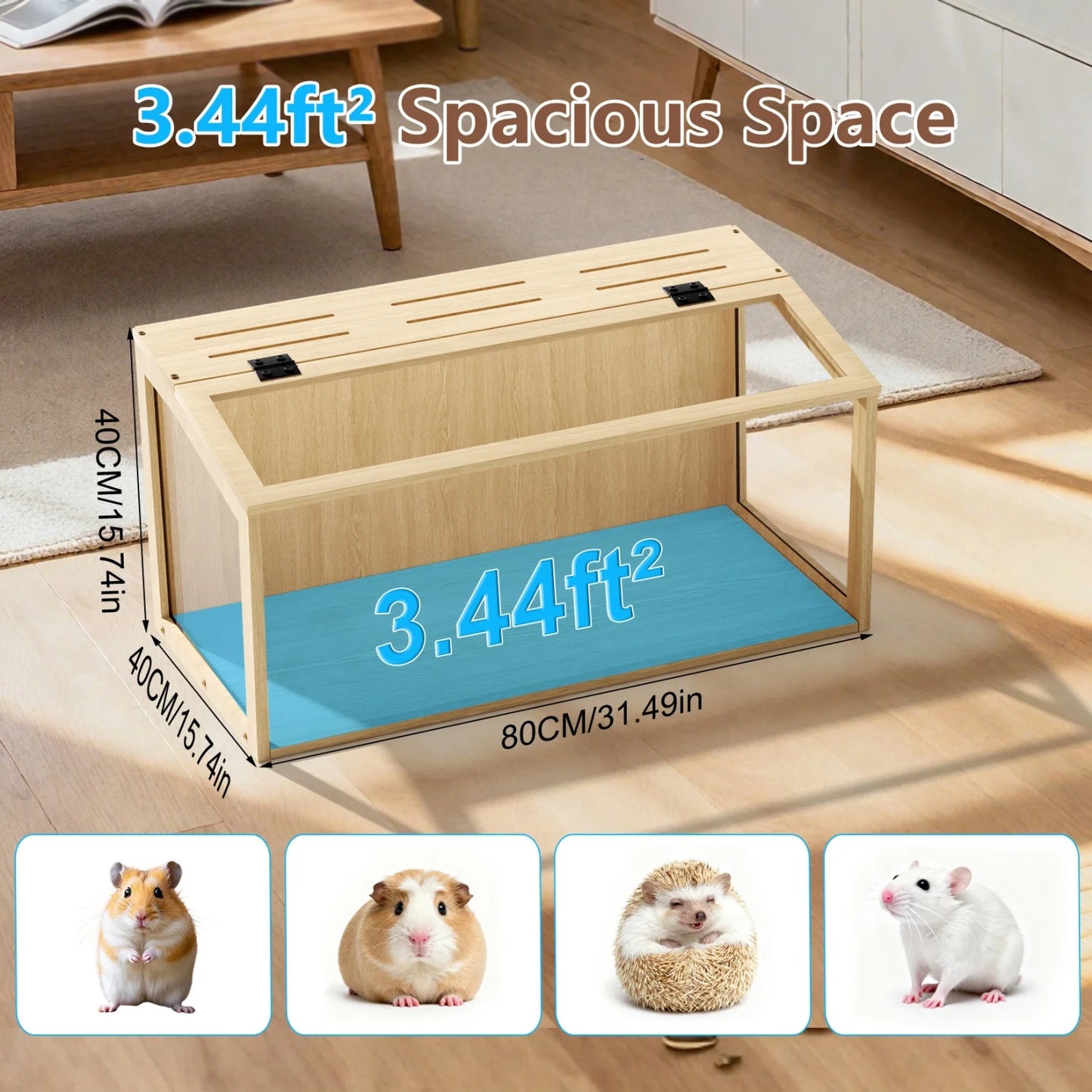 Natural Wooden Hamster Cage With Built In LED Light Habitat