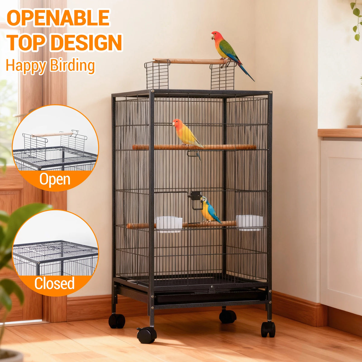 Open Top Double Parrot Cage With Rolling Storage Stand