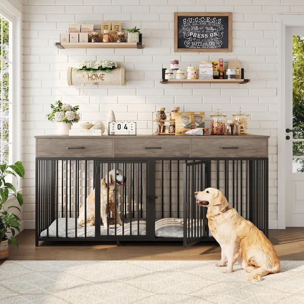 Heavy Duty Wooden Double Dog Crate With Drawers For Pets