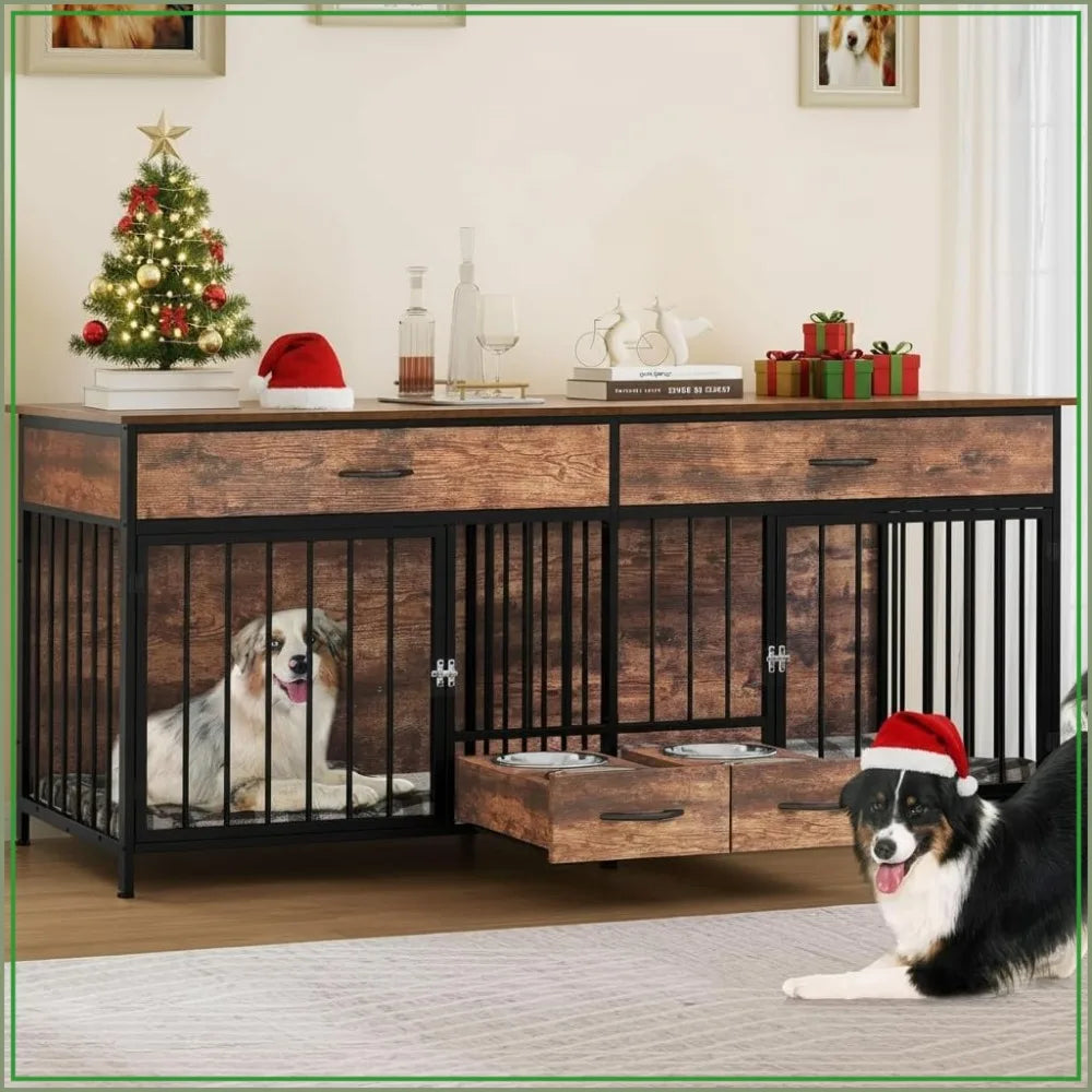 Double Dog Crate Furniture With TV Stand And Feeder