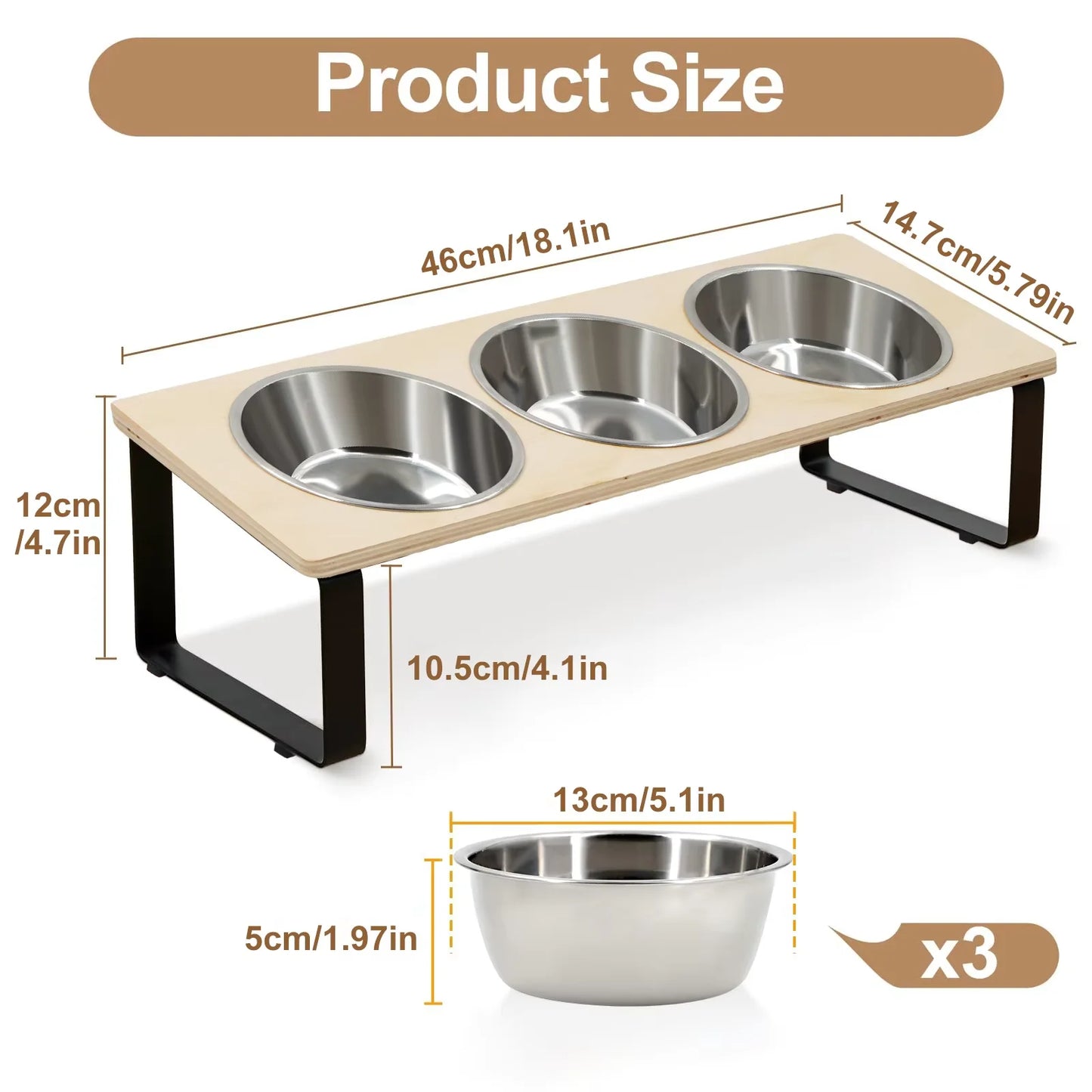 Elevated Cat Feeder 15 Degree Tilt Bamboo Iron Stand Stainless Steel Bowls