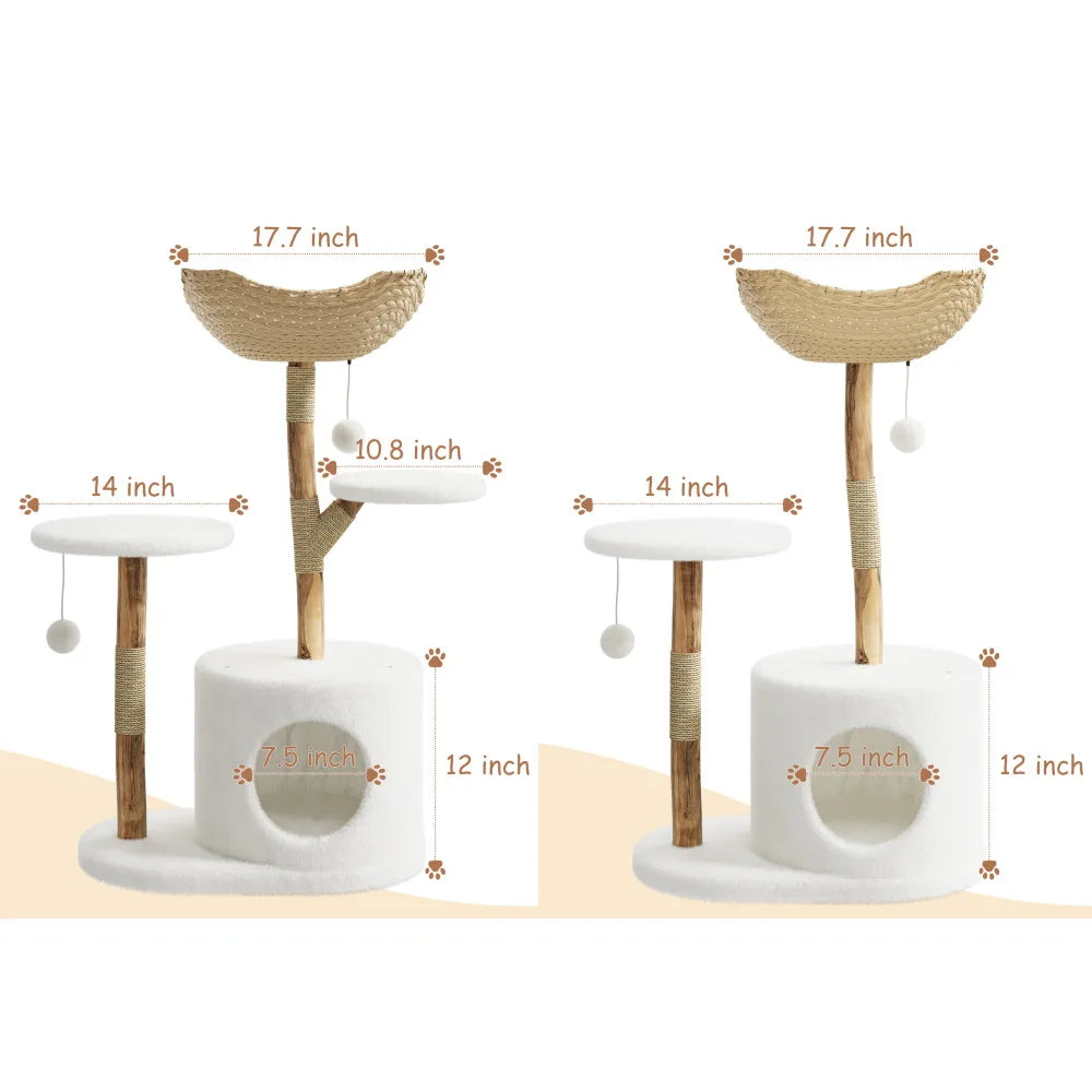 Wooden Cat Tree Tower with Rattan Multi Level Climbing Perches