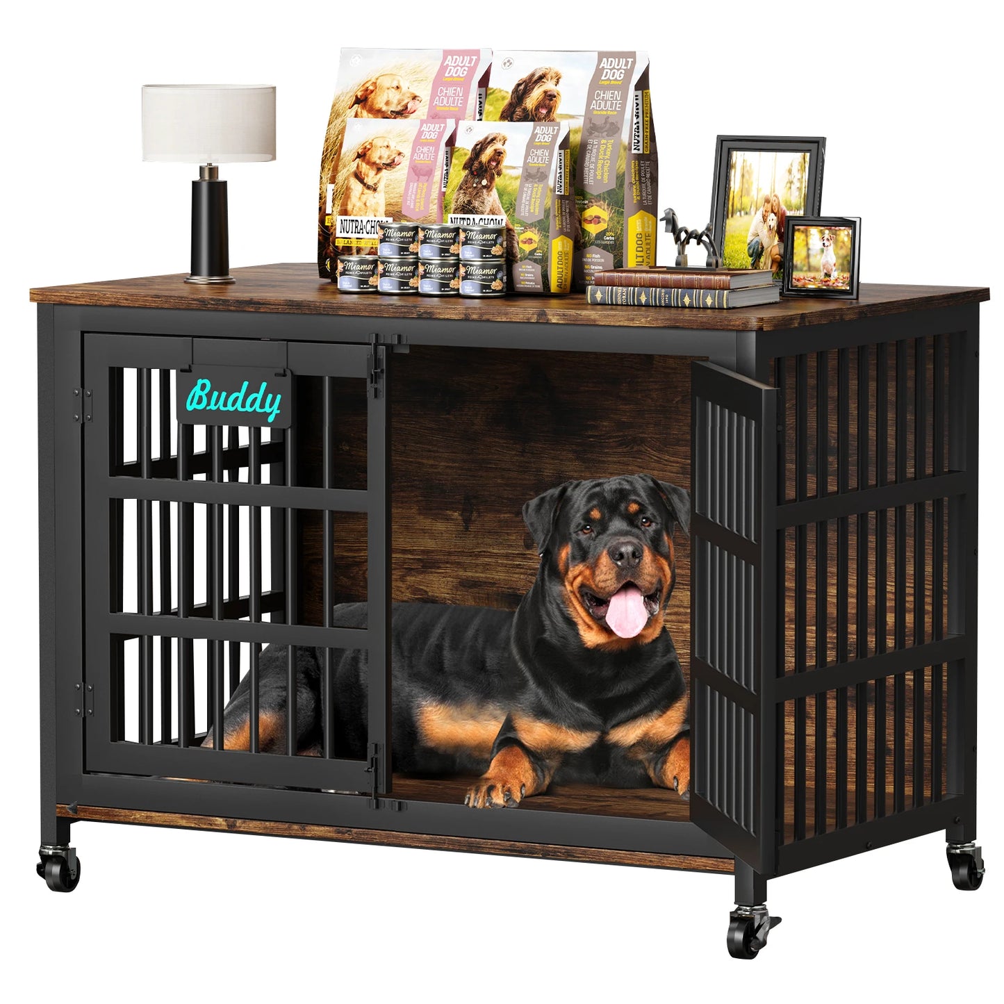 Dog Crate Furniture With Casters For Large And Medium Dogs