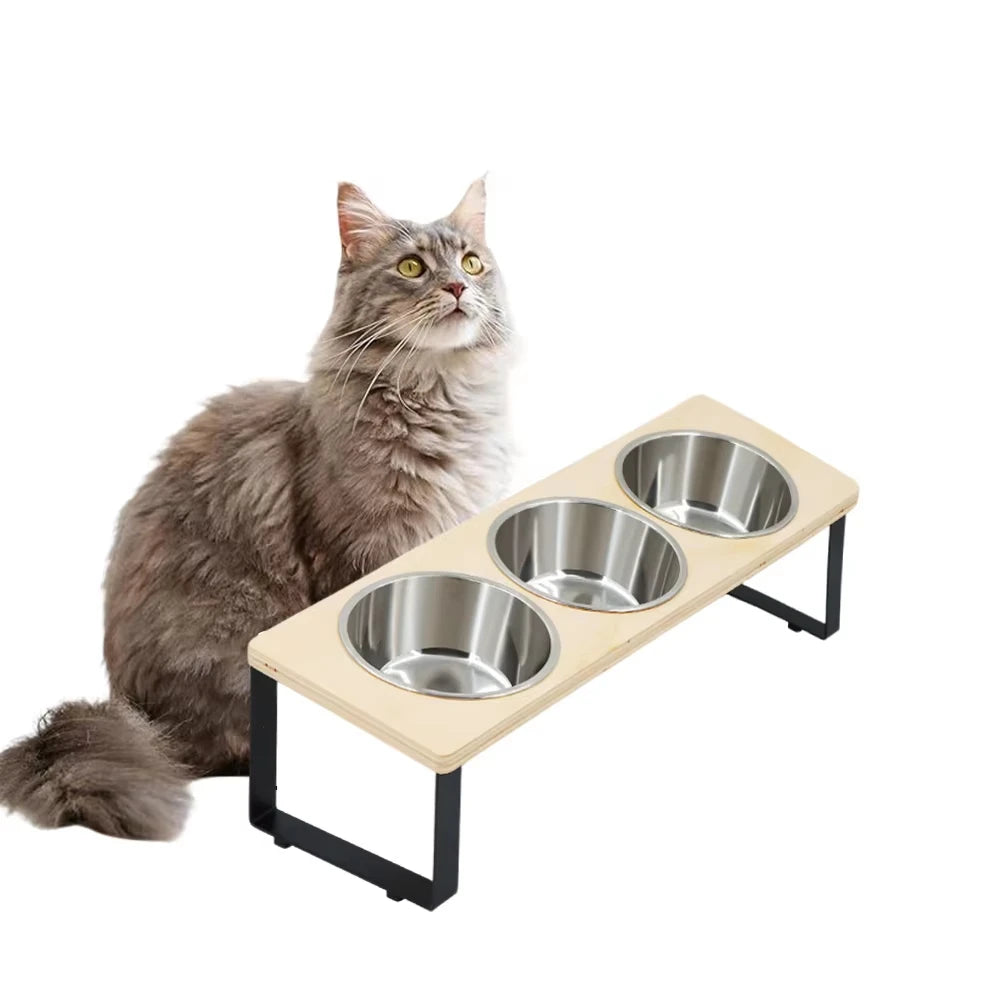 Elevated Cat Feeder 15 Degree Tilt Bamboo Iron Stand Stainless Steel Bowls