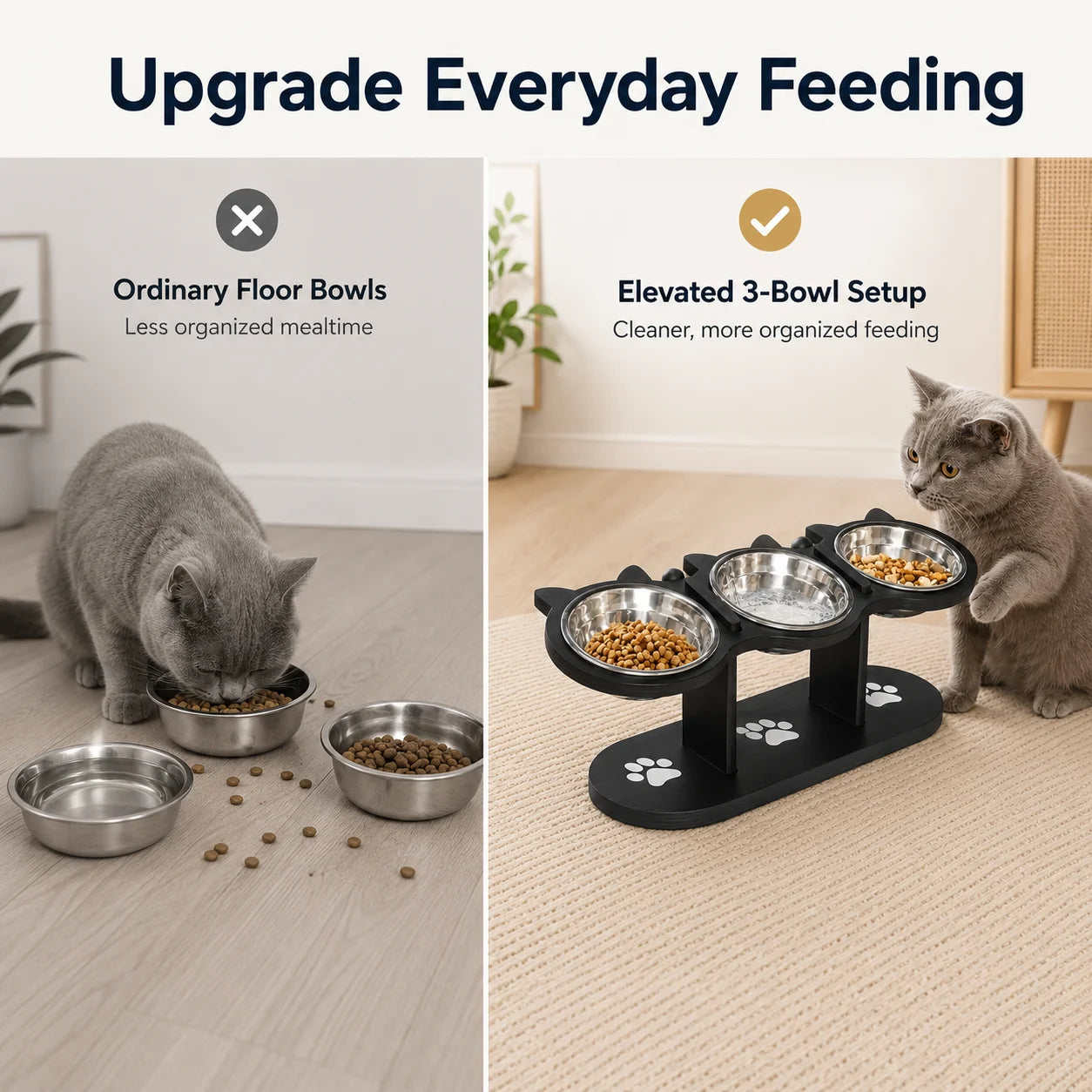 Tilted Elevated Cat Bowl Stand With Three Stainless Bowls