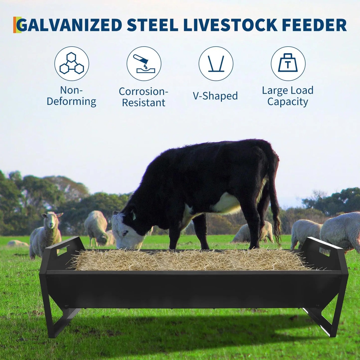 HiMISS Farm Animals Galvanized Steel Livestock Feeder Hay Trough V Shaped Bottom