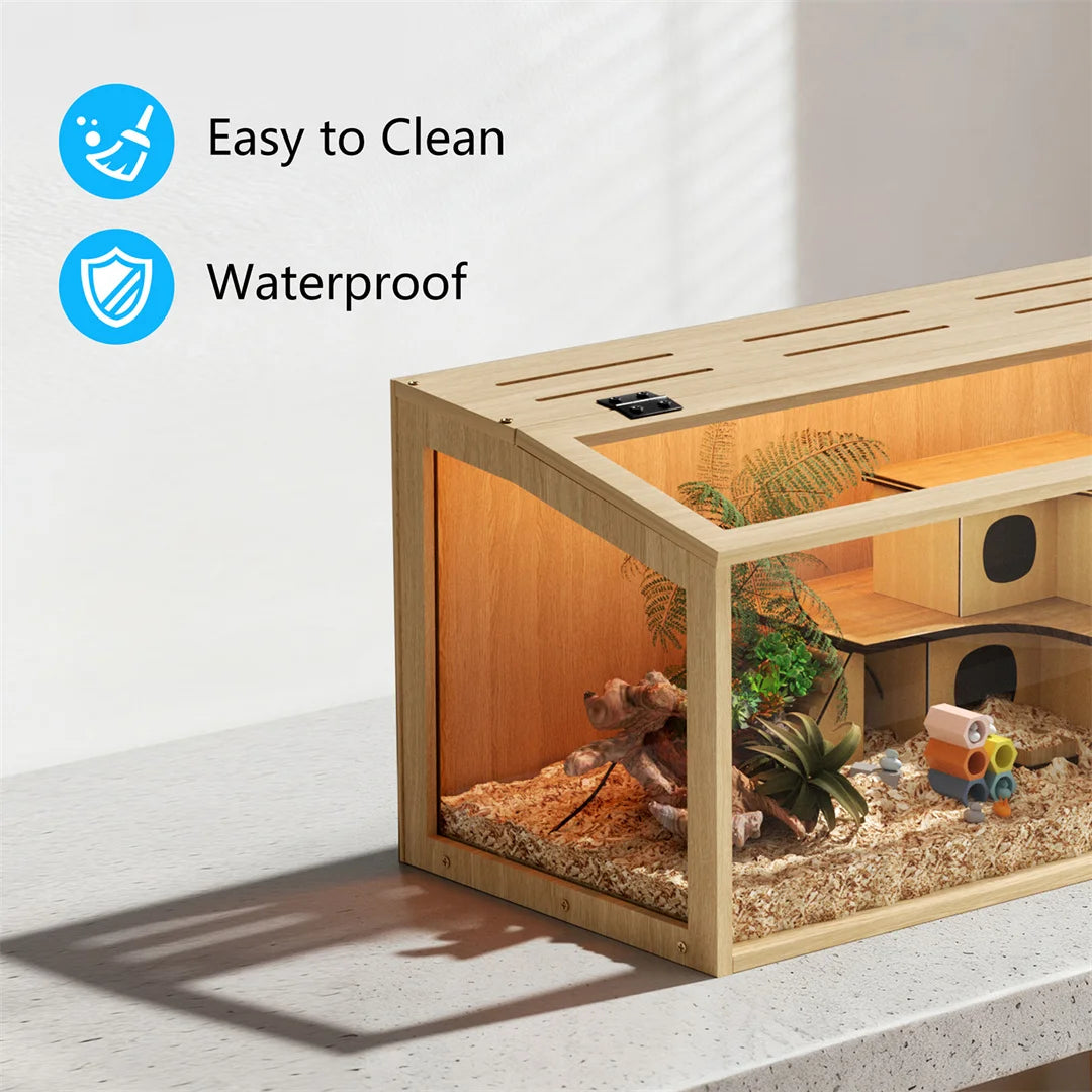 Natural Wooden Hamster Cage With Tempered Glass Panels And LED