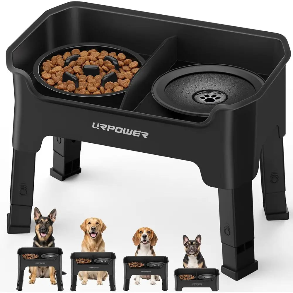 Elevated Adjustable Dog Bowls With No Spill And Slow Feeder