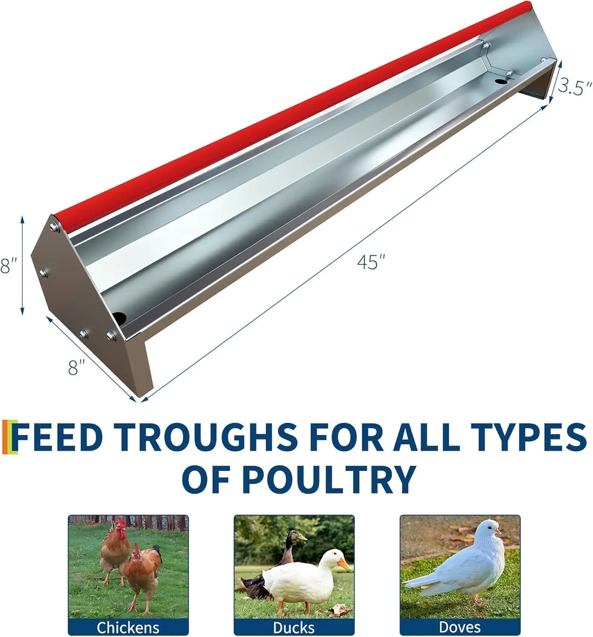 HiMISS Galvanized Steel Chicken Feeder Trough With Drainage
