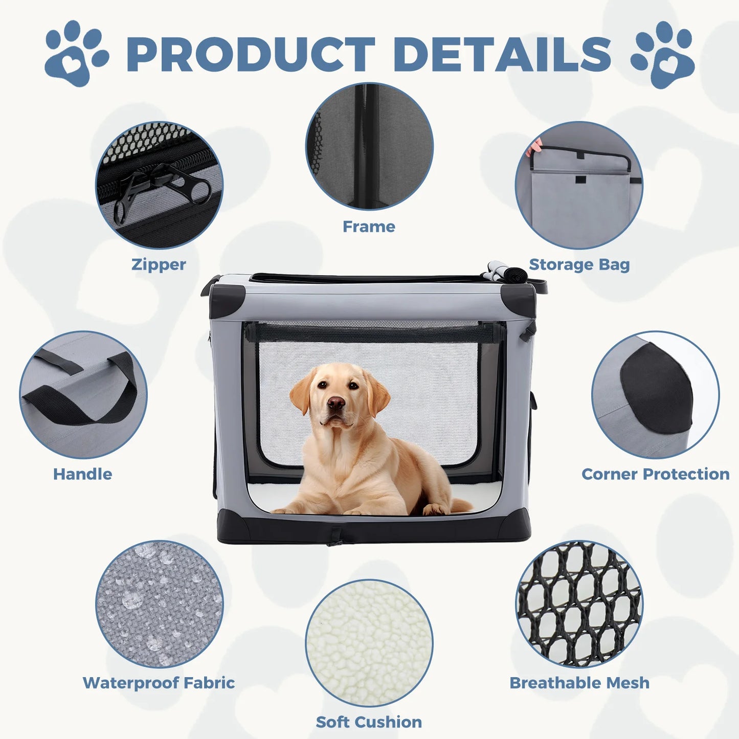 JHK 600D Oxford Foldable Soft Dog Crate with 3 Doors