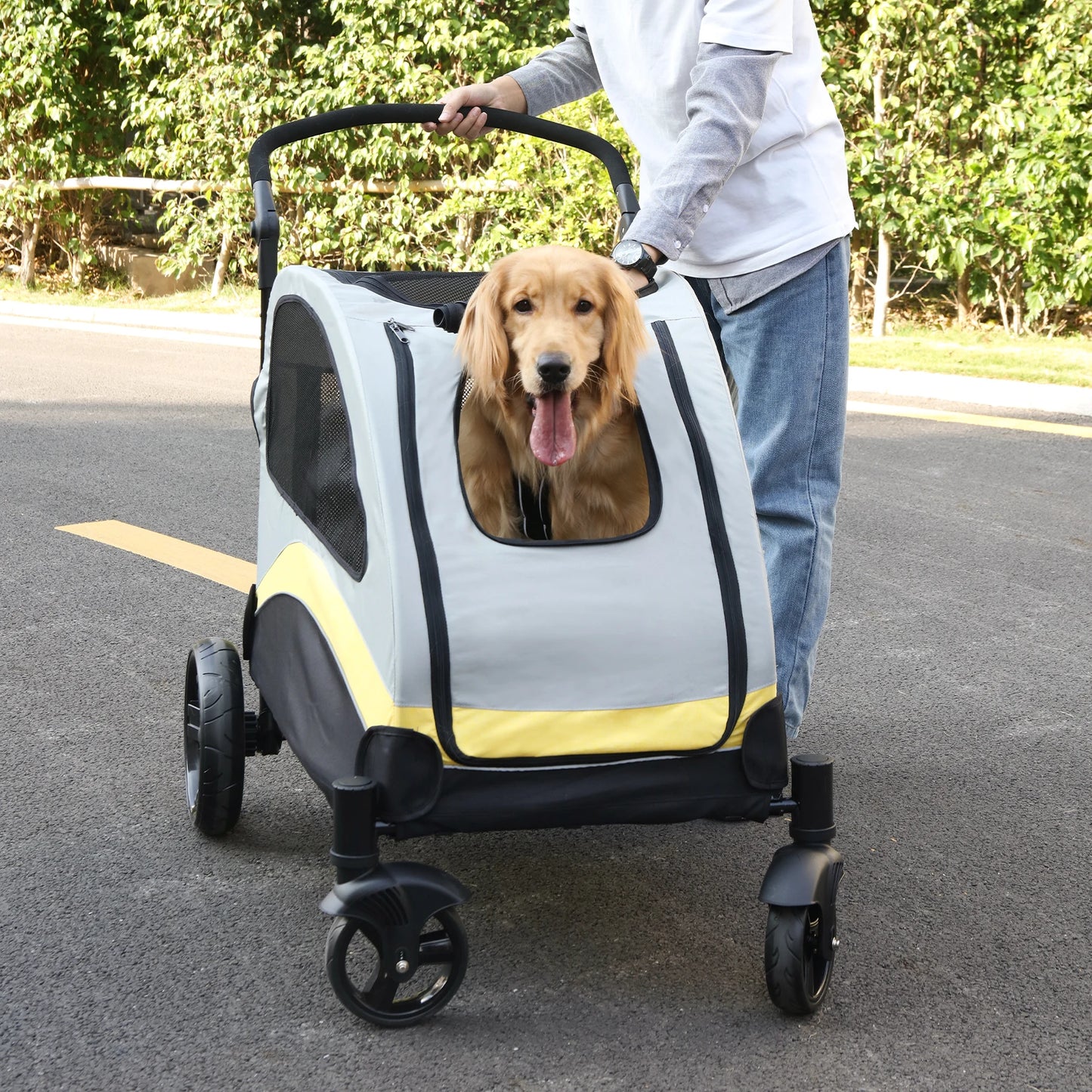 Portable Dog Stroller With 4 Wheels For Large Dogs Breathable Foldable Carrier