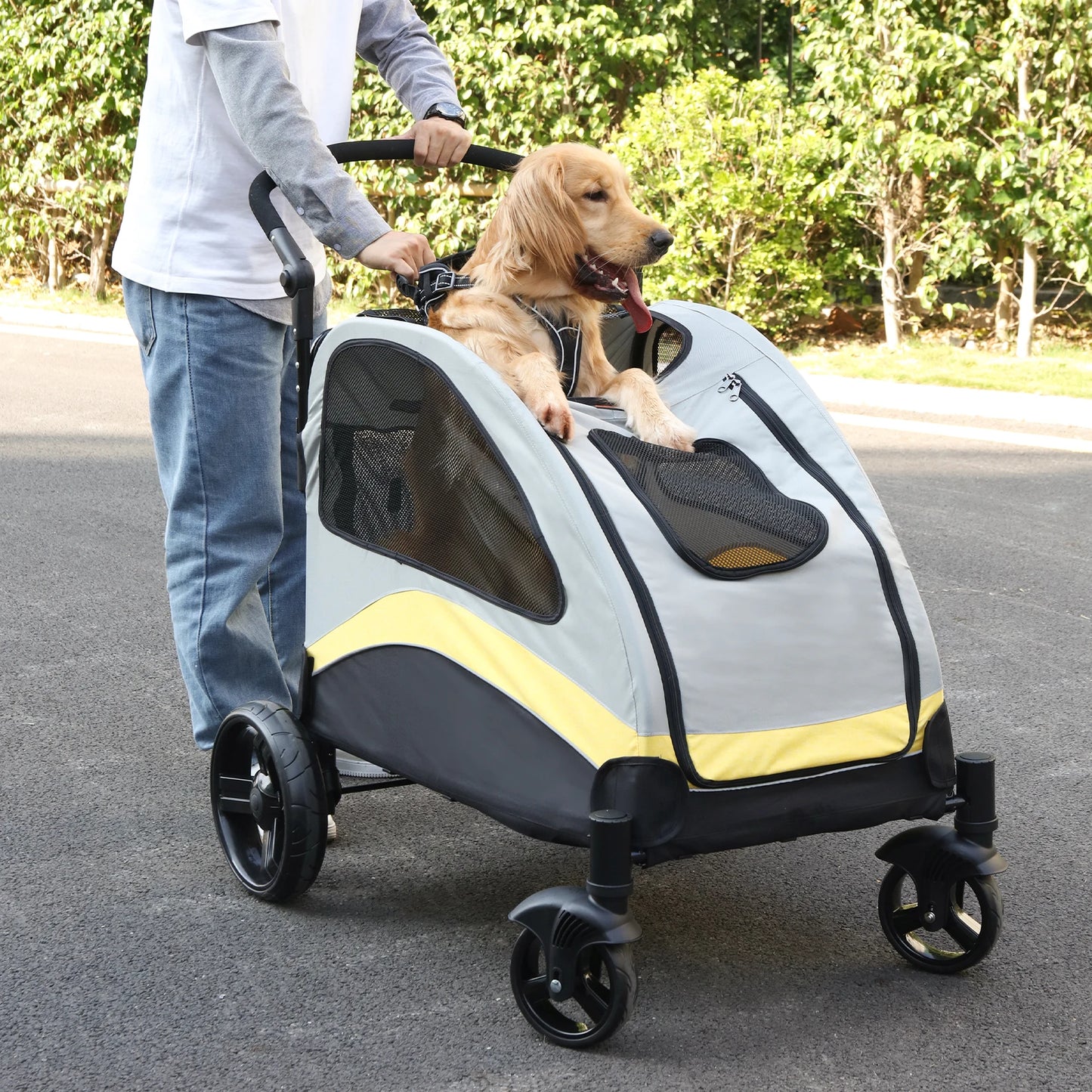 Portable Dog Stroller With 4 Wheels For Large Dogs Breathable Foldable Carrier