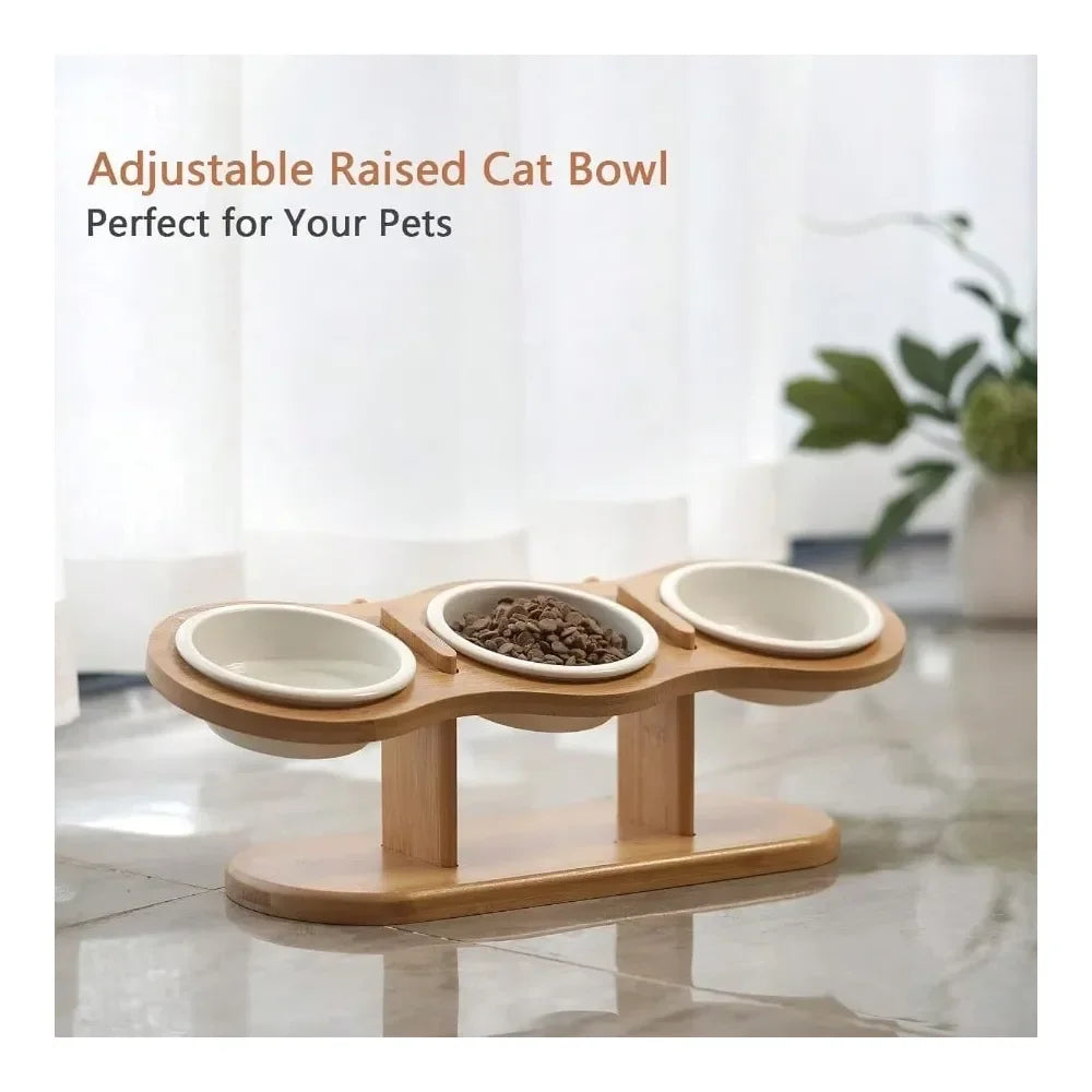 Adjustable Raised Dog Bowl Stand With Three Ceramic Bowls
