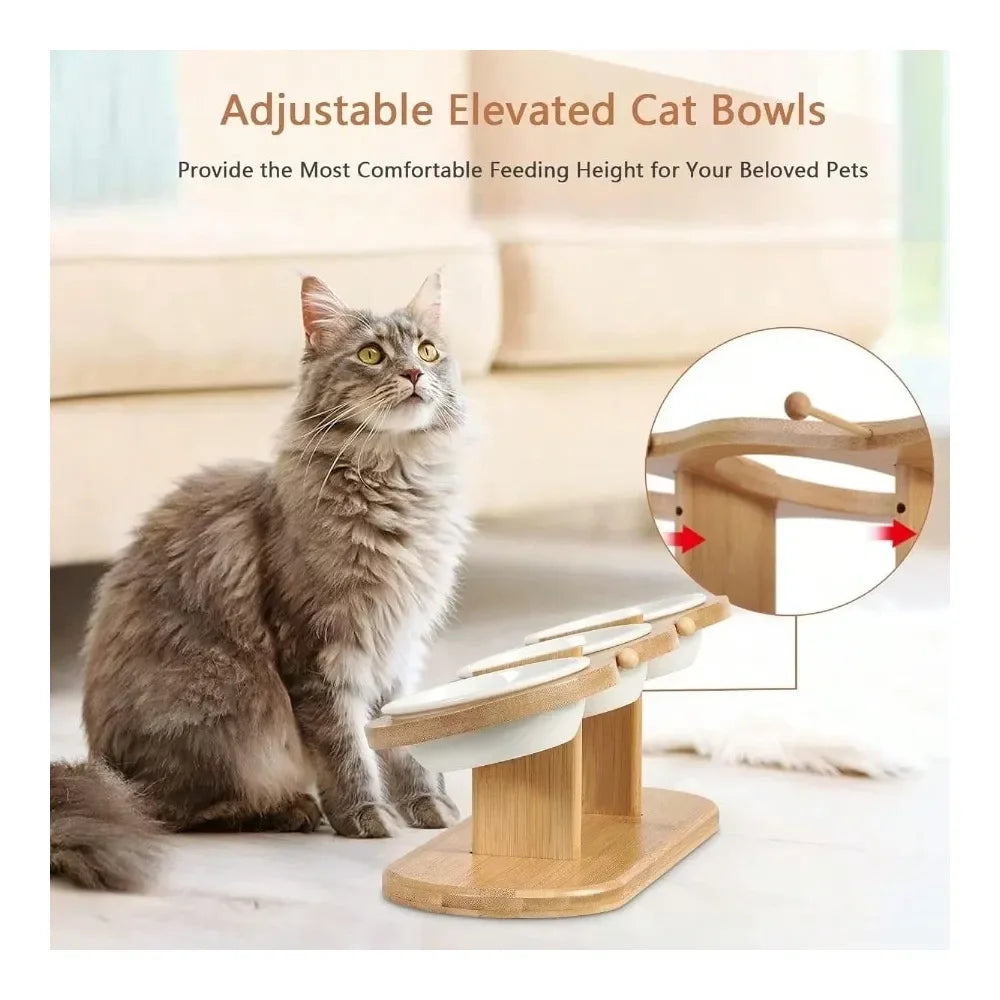Adjustable Raised Dog Bowl Stand With Three Ceramic Bowls