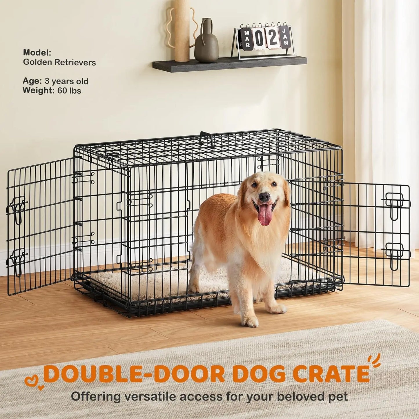 Double Door Collapsible Metal Dog Crate With Divider For Large Dogs